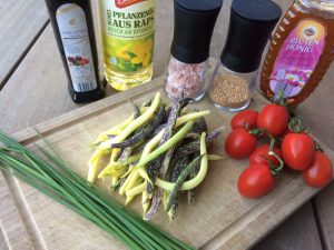 Zutaten für den Bohnen und Tomatensalat mit Balsamico Senfkorndressing