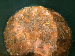 Gewässertes Fruchtfleisch und Kerne der reifen Zucchini nach der Gärung